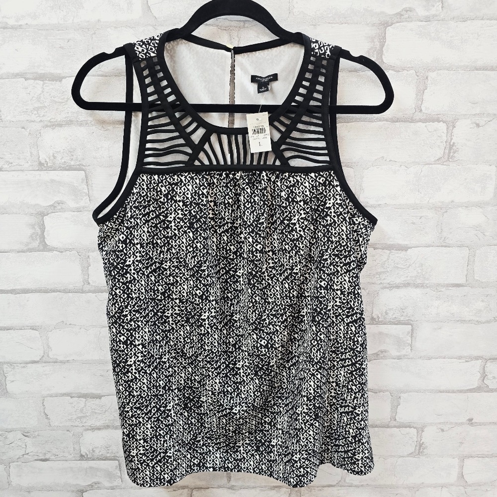 Ann Taylor Black White Geometric Cage Neck Sleeveless Shell Blouse Top Large NWT